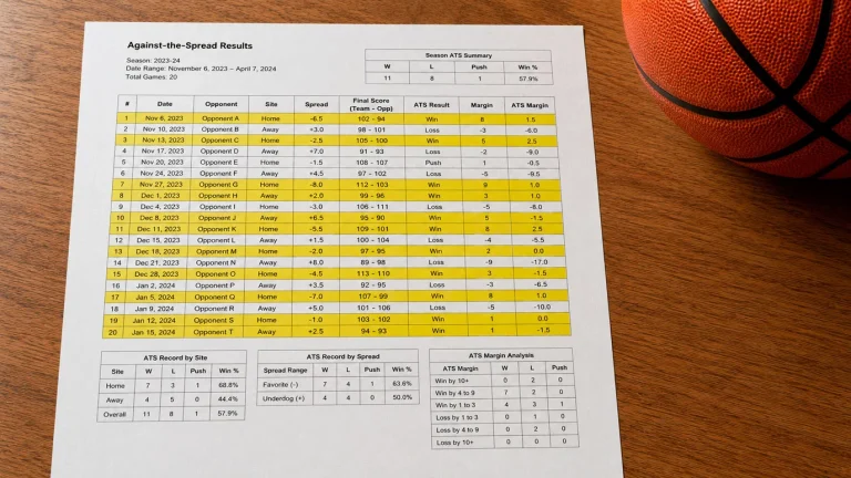 A stats sheet with against-the-spread columns and trailing-game splits highlighted in pen