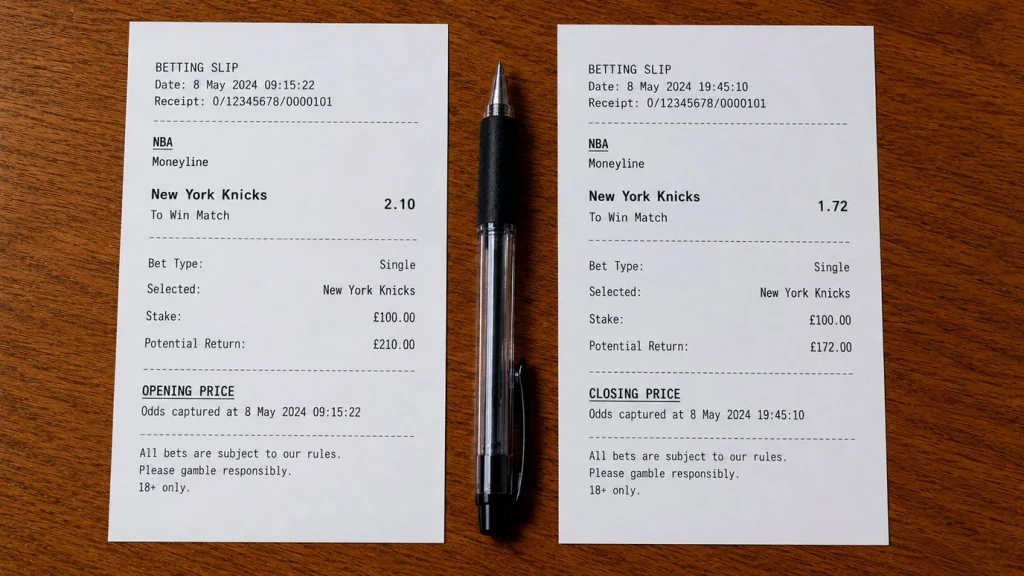 Two betting tickets side-by-side showing the opening price and closing price of the same NBA wager with the favourable price highlighted