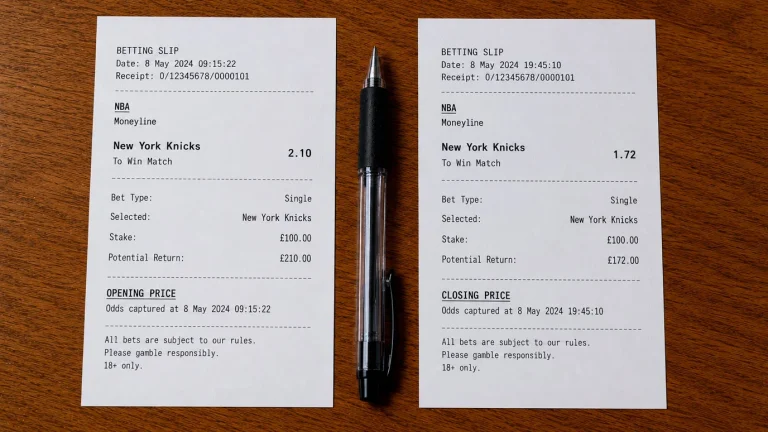 Two betting tickets side-by-side showing the opening price and closing price of the same NBA wager with the favourable price highlighted