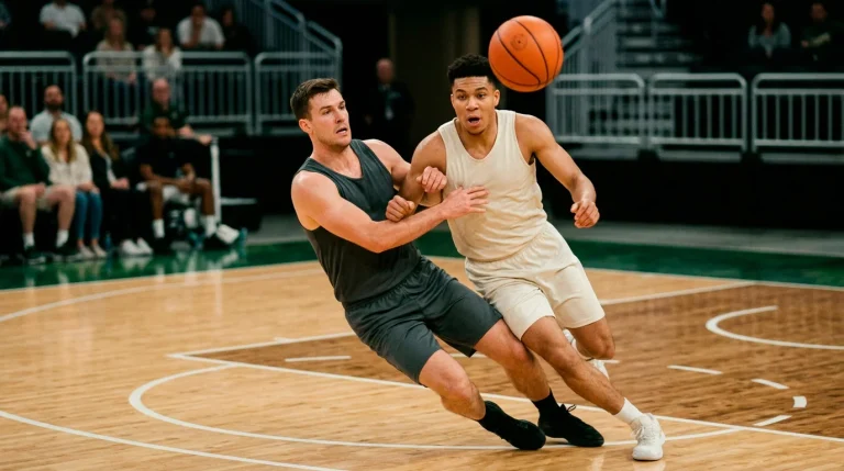 A defender taking a charge in the paint as a driving offensive player loses the ball