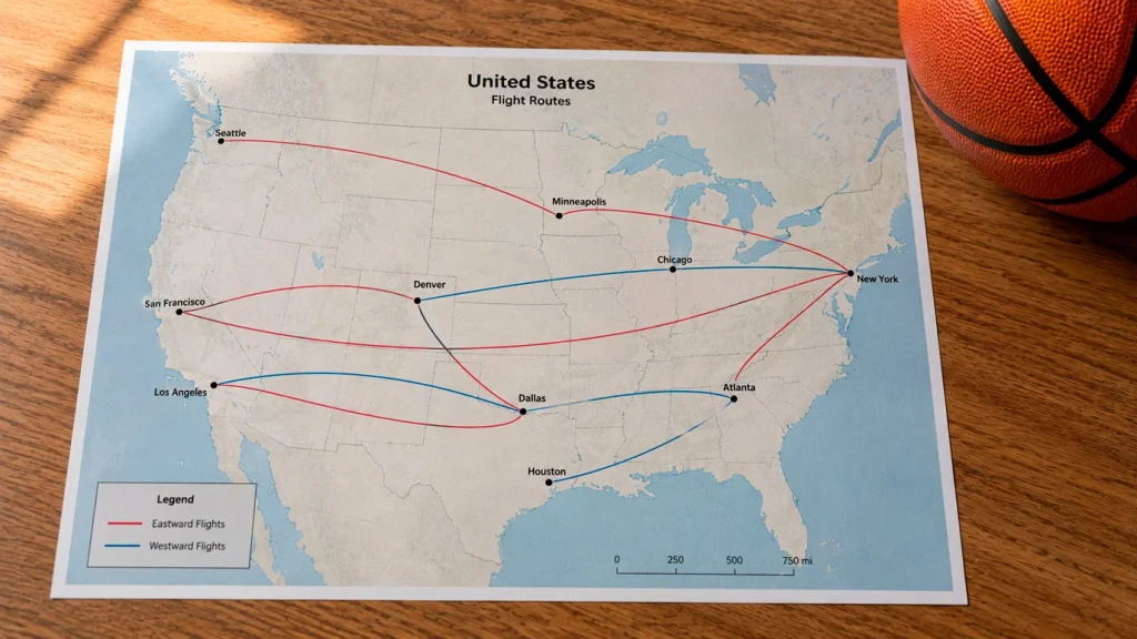 A US map with east-to-west and west-to-east flight paths overlaid for NBA teams