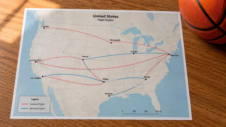 A US map with east-to-west and west-to-east flight paths overlaid for NBA teams