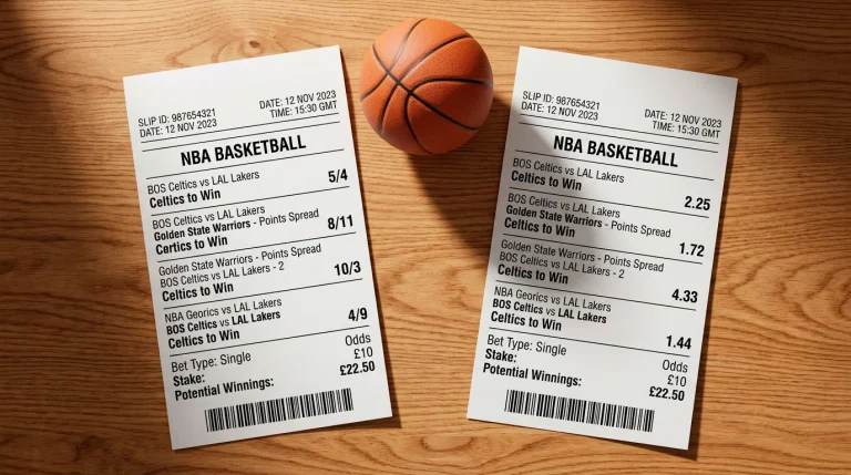 A side-by-side display of the same NBA bet shown in fractional and decimal odds with implied probability calculations