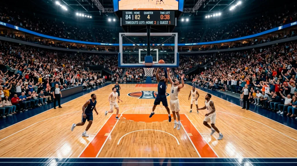An NBA arena interior with a packed crowd reacting to play on the court below