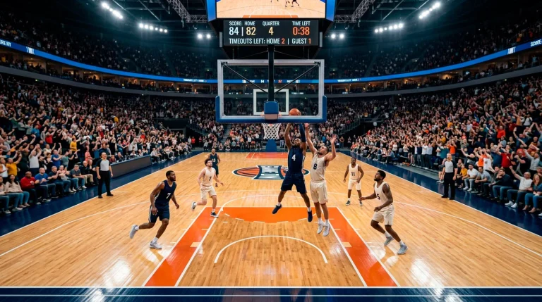An NBA arena interior with a packed crowd reacting to play on the court below