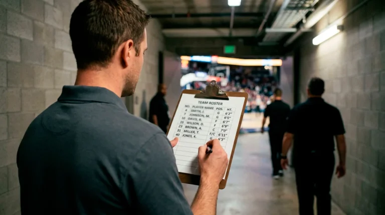 A medical staffer reviewing a clipboard at an NBA arena tunnel before a game