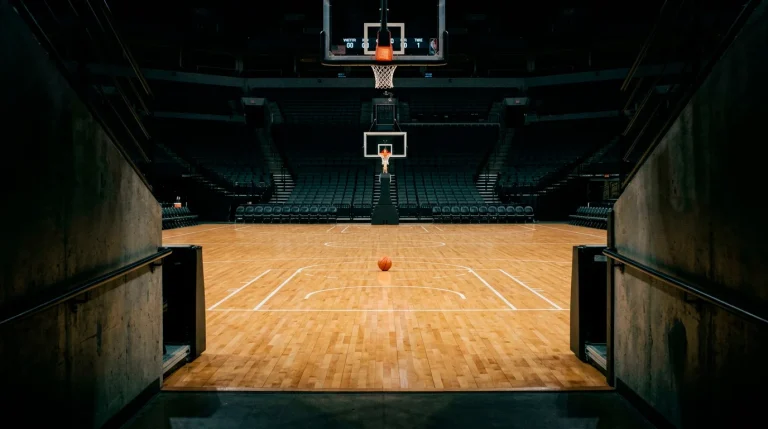 A blurred basketball court silhouette behind a stylised integrity alert notification flag