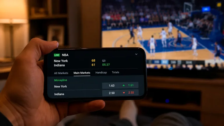 A live in-play NBA betting interface showing real-time odds shifting as the game unfolds on a second screen