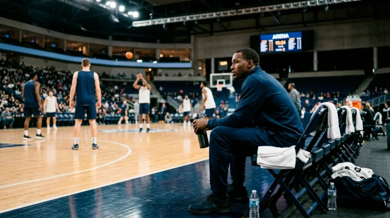 A star player sitting in warm-ups on the bench in street clothes while teammates prepare for tip-off