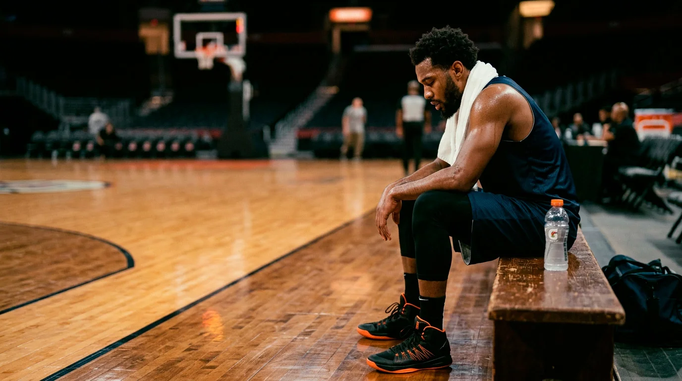 A professional basketball player sitting on the team bench in a generic dark jersey and shorts, white towel draped around the neck, head slightly down, post-game arena lights in the background, signs of fatigue