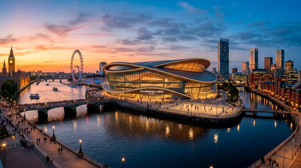A skyline composite of London and Manchester at dusk overlaid with the silhouette of a basketball arena
