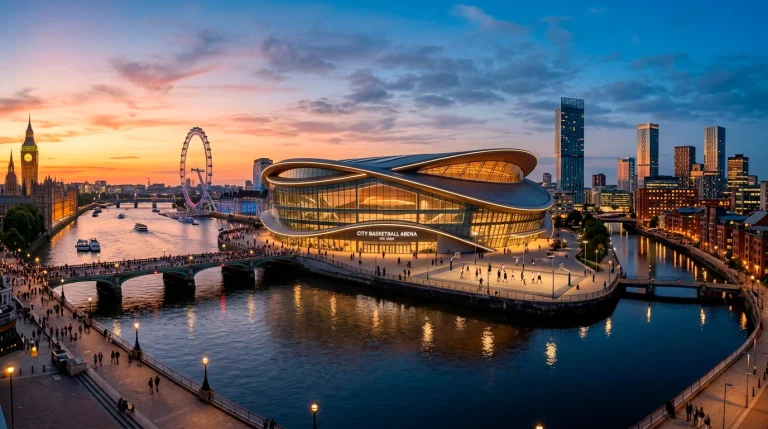 A skyline composite of London and Manchester at dusk overlaid with the silhouette of a basketball arena