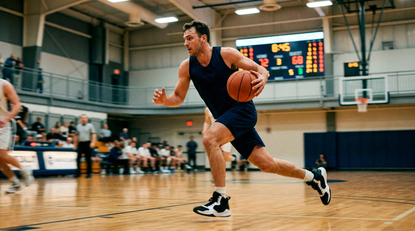 Professional basketball player in a generic dark jersey sprinting down the polished hardwood court on a fast break, basketball in one hand, slight motion blur, blurred crowd and arena lights in the background