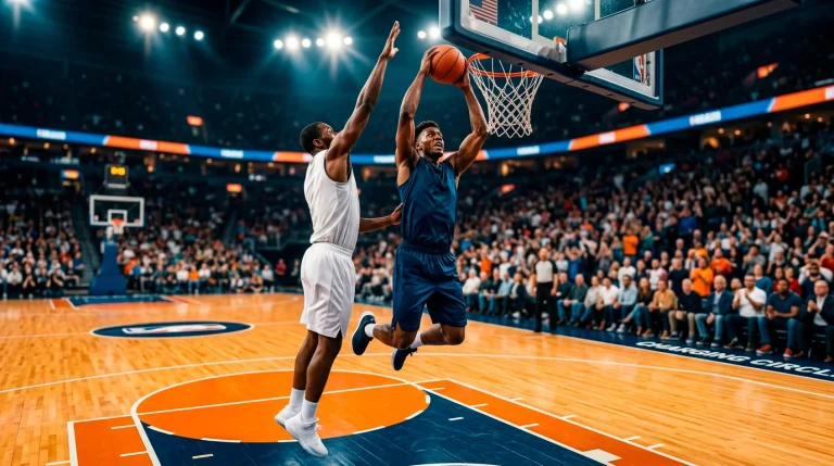 Basketball player attacking the rim while a defender contests the shot on an NBA court