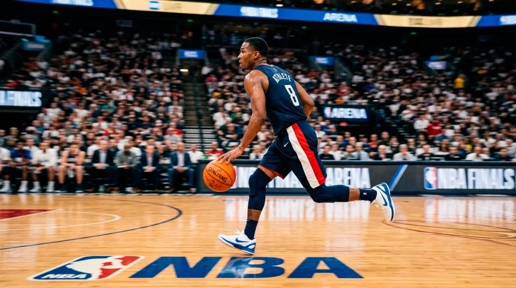 Basketball player on a fast break racing up an NBA hardwood court