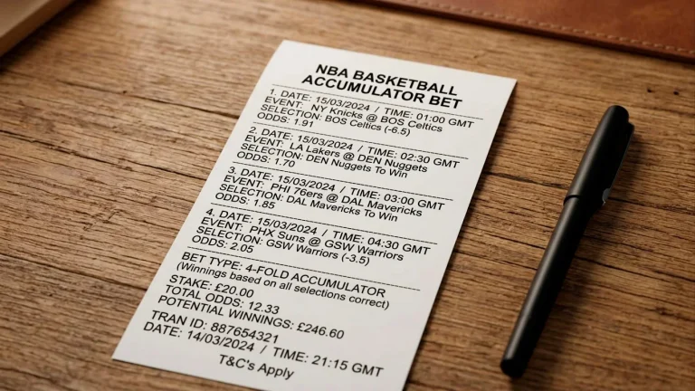 A printed betting slip with multiple NBA spread and total legs combined into a single parlay ticket on a wooden desk