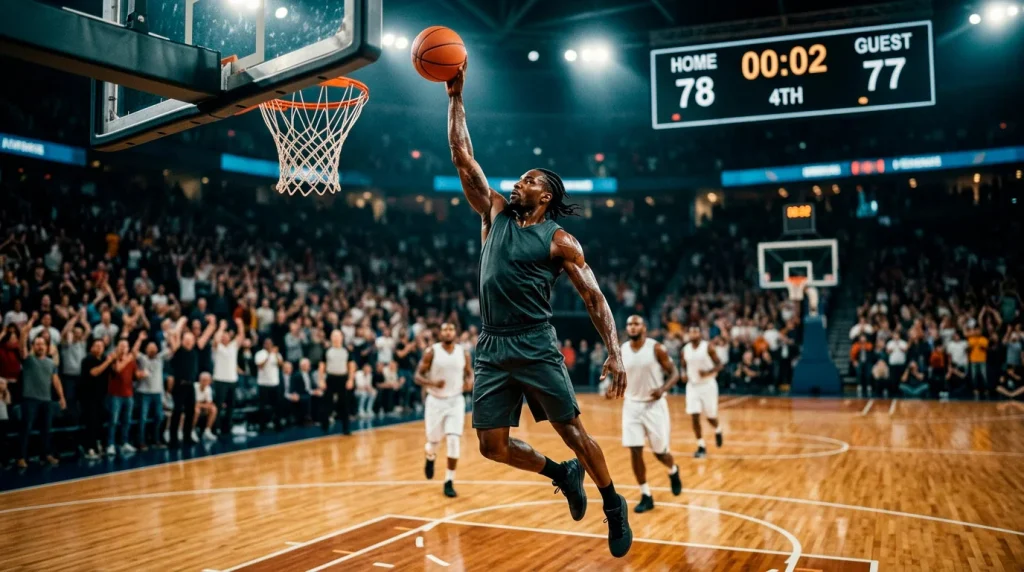 Star basketball player finishing at the rim during an NBA game as a player prop scoring moment