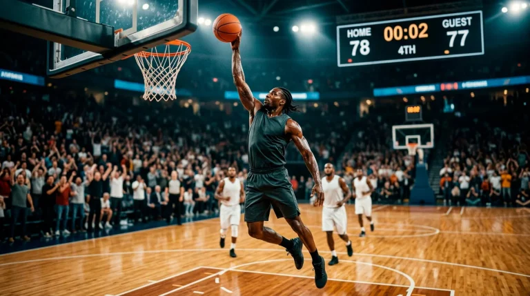 Star basketball player finishing at the rim during an NBA game as a player prop scoring moment