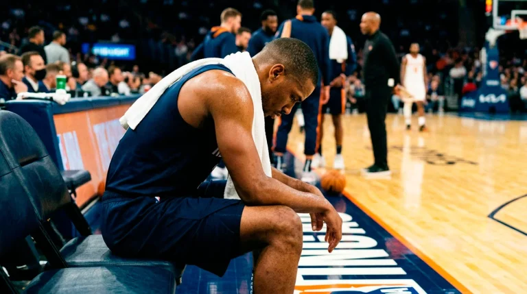Fatigued NBA basketball player resting on the bench during a back-to-back schedule game