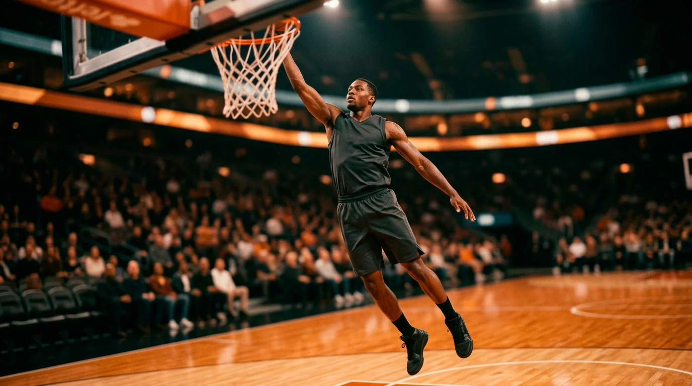 NBA basketball player rising toward the rim in a dimly lit arena, warm spotlight on the hardwood court, cinematic editorial portrait