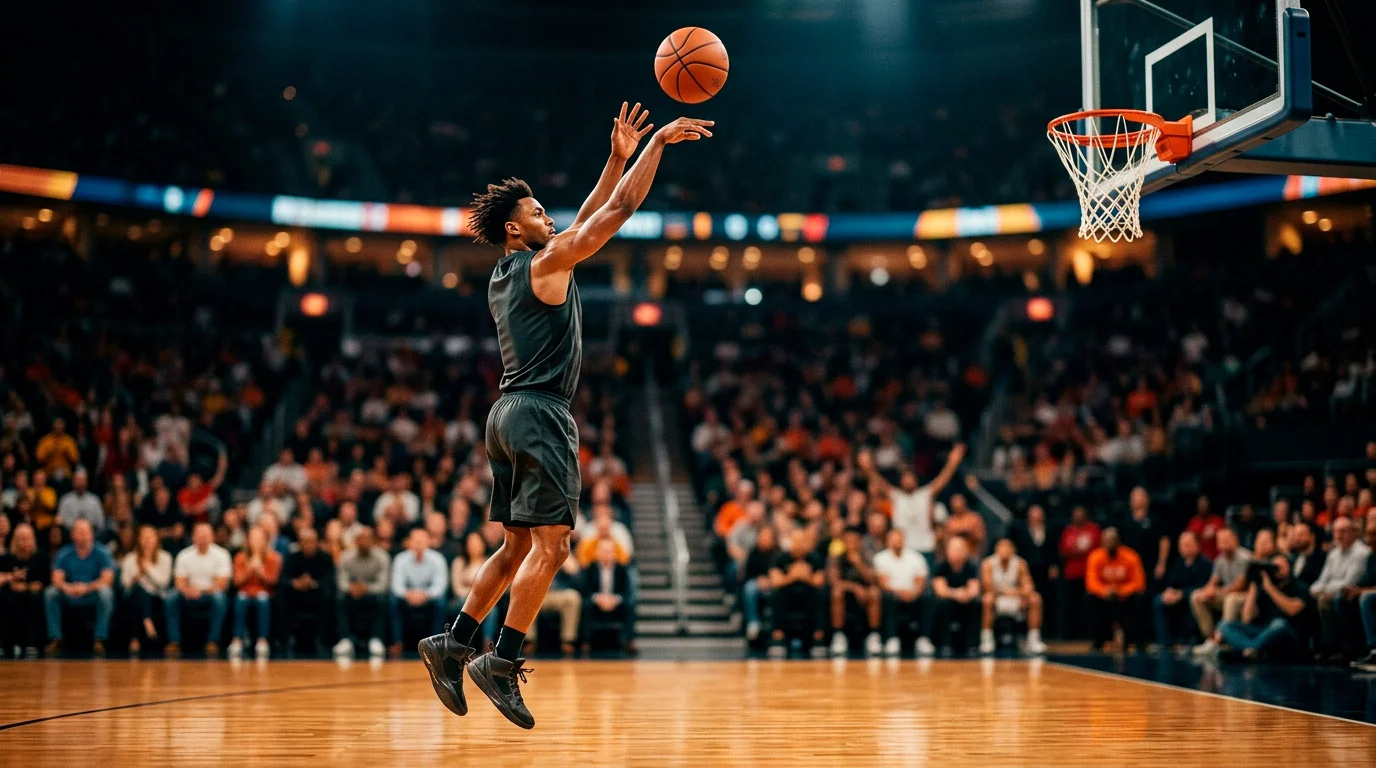 A professional basketball player in a generic dark jersey caught mid-air at the peak of a three-point jump shot, follow-through arm extended, basketball just leaving the fingertips, NBA-style hardwood court and blurred crowd behind