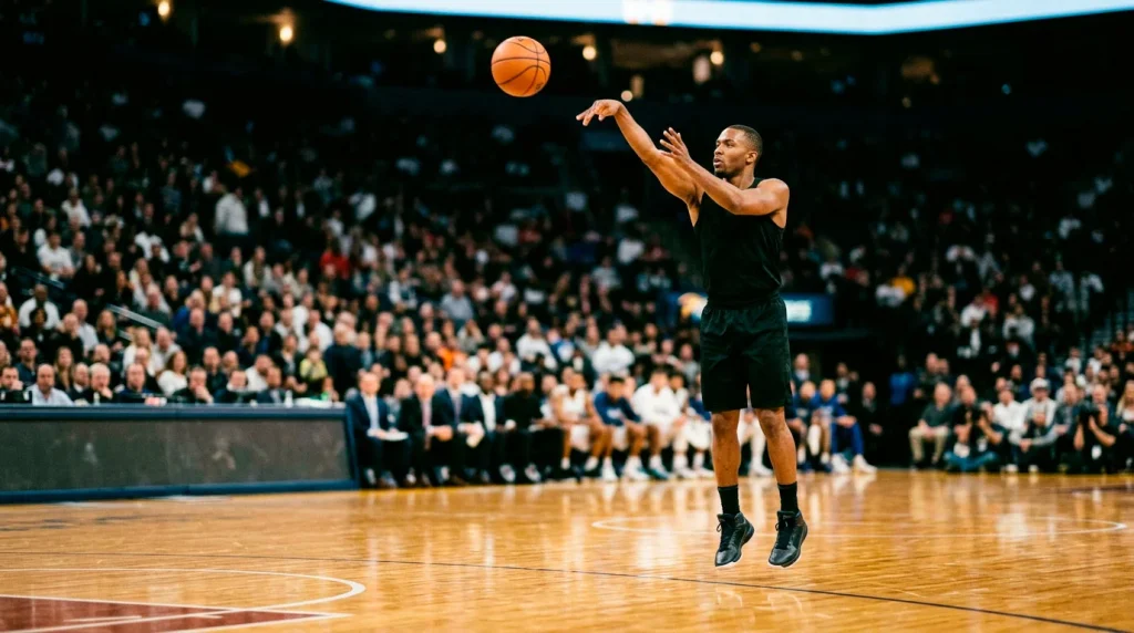 Basketball player releasing a jump shot toward the rim on an NBA hardwood court