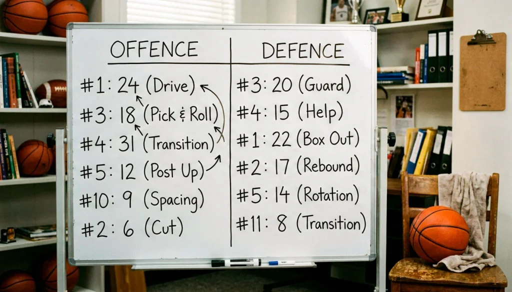 A whiteboard split into offence and defence columns showing per-100 efficiency numbers for an NBA team