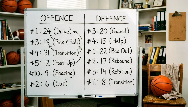 A whiteboard split into offence and defence columns showing per-100 efficiency numbers for an NBA team