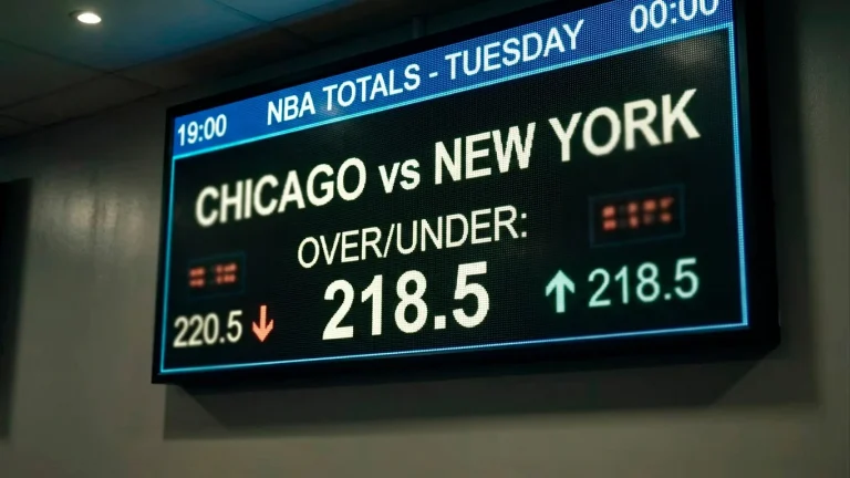 A bookmaker's odds board showing a fluctuating NBA total with arrows marking the line movement across the day