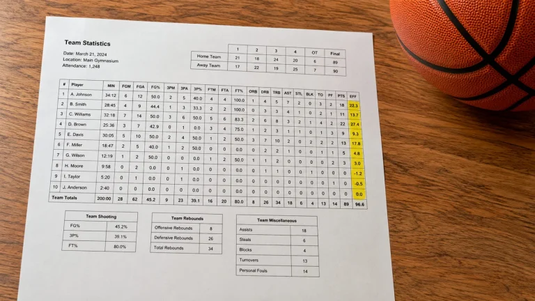 A stats sheet with a Hollinger-style efficiency column highlighted, surrounded by basketball annotations