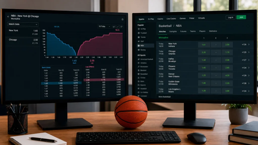 A split-screen interface contrasting a peer-to-peer prediction market depth chart with a traditional sportsbook NBA odds board