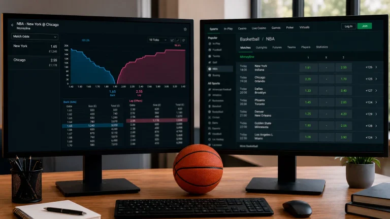 A split-screen interface contrasting a peer-to-peer prediction market depth chart with a traditional sportsbook NBA odds board