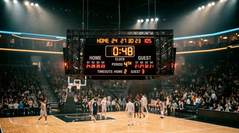 A scoreboard showing four quarter scores with the fourth-quarter line glowing as a focal point