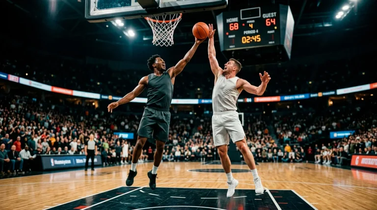 Two players battling for an offensive rebound under the basket as a shot falls short