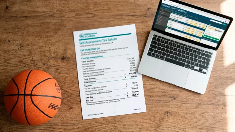 A printed UK government tax document on a wooden desk next to an opened laptop displaying an NBA odds page