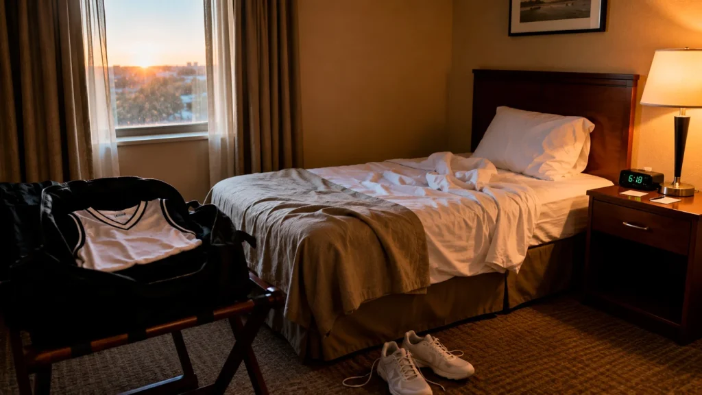 A hotel room with a player's NBA bag and an unmade bed at dawn, with a phone showing late-night activity