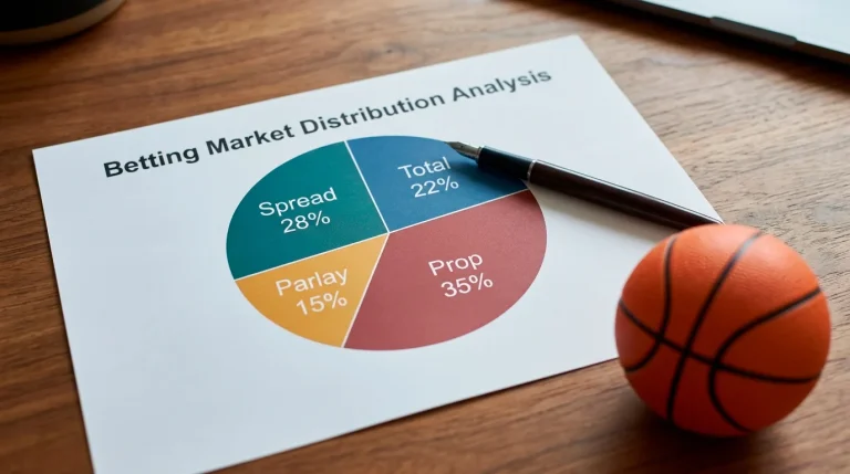 A stylised pie chart breakdown of a sportsbook operator's hold across spread, total, prop and parlay markets