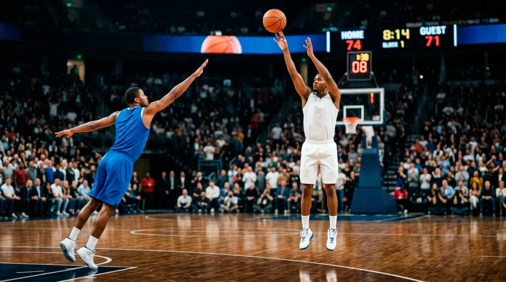 A player shooting a three-pointer above the arc with shot chart overlays in the background