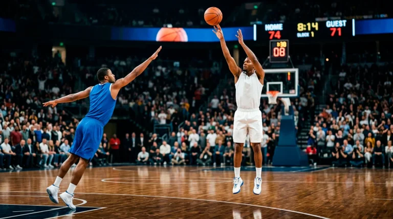 A player shooting a three-pointer above the arc with shot chart overlays in the background