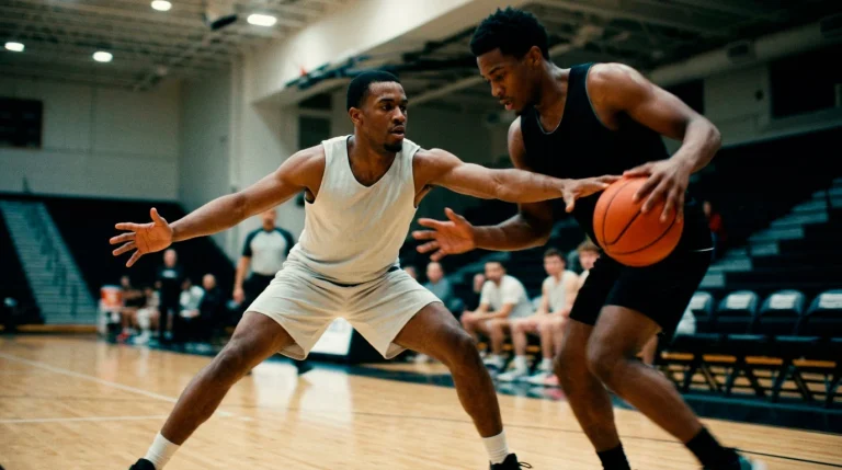 A defender trapping a ball-handler near the sideline in a full-court press scenario