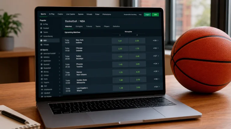 A laptop screen displaying NBA odds across multiple UK-licensed sportsbook interfaces with depth-of-market comparison
