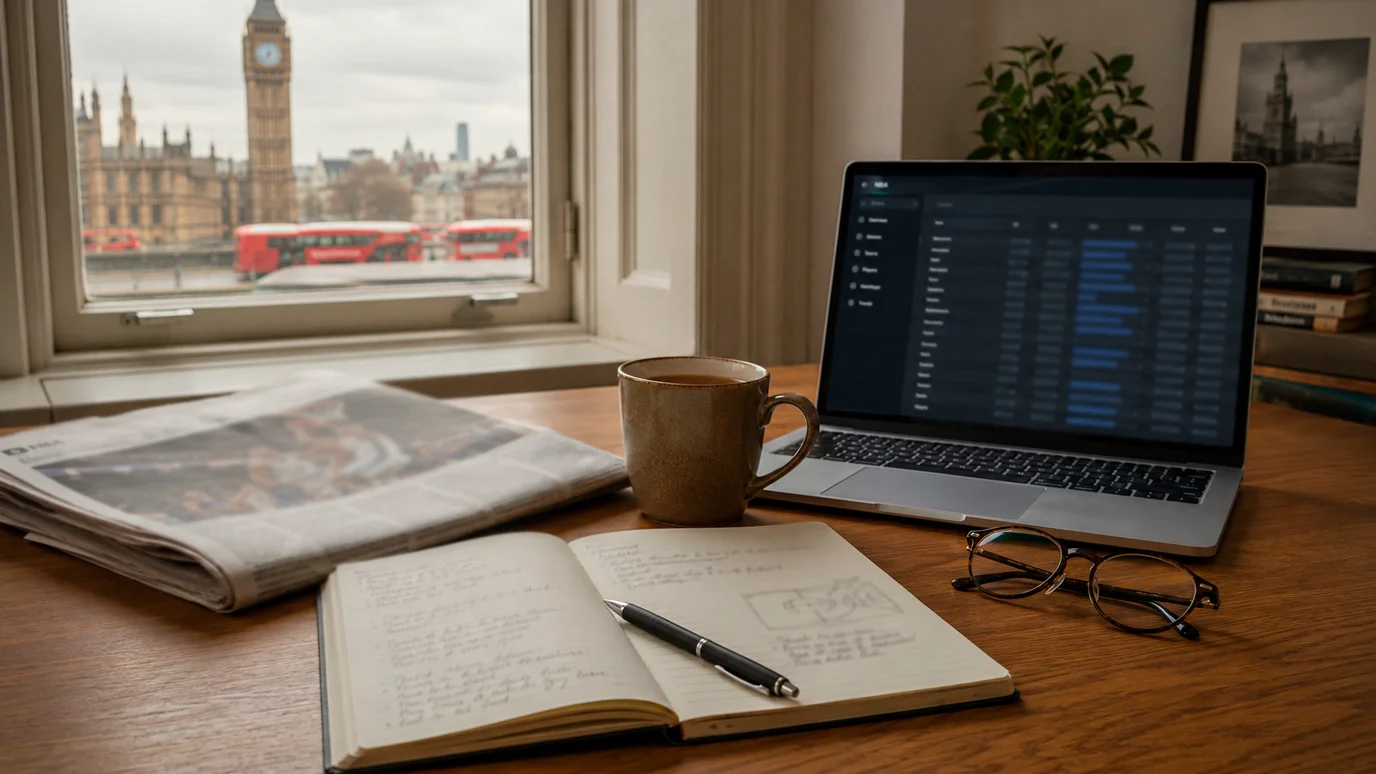 A British editorial workspace with a sports newspaper opened to a basketball section, a paper notebook with handwritten notes, a coffee mug, and a laptop showing a clean NBA statistics interface, warm window light, a Westminster-style London skyline blurred in the background