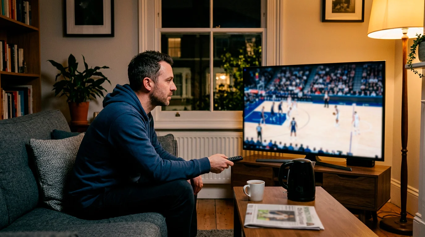 A British viewer in a London living room watching an NBA broadcast on a large television, warm evening lamp light, sofa with cushion, the screen showing a basketball court from a wide camera angle