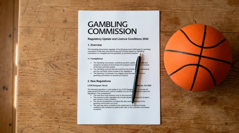 A regulatory document and a basketball overlaid with key UK Gambling Commission rule annotations