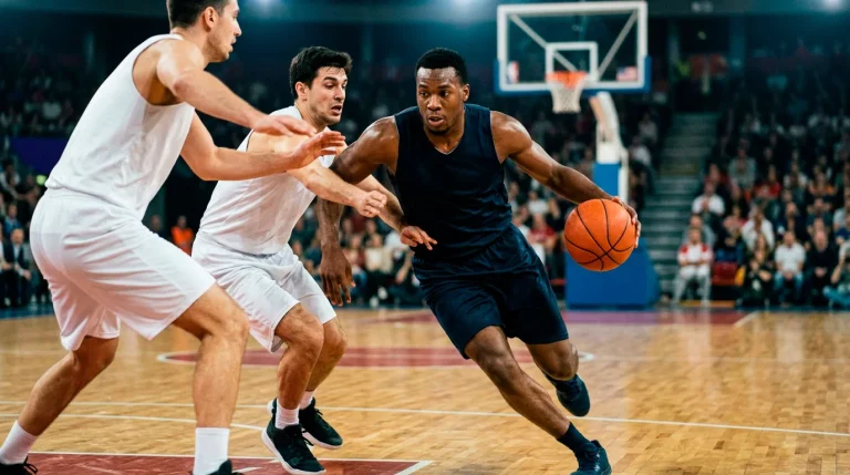 A basketball player driving with the ball as defenders collapse, illustrating high possession usage